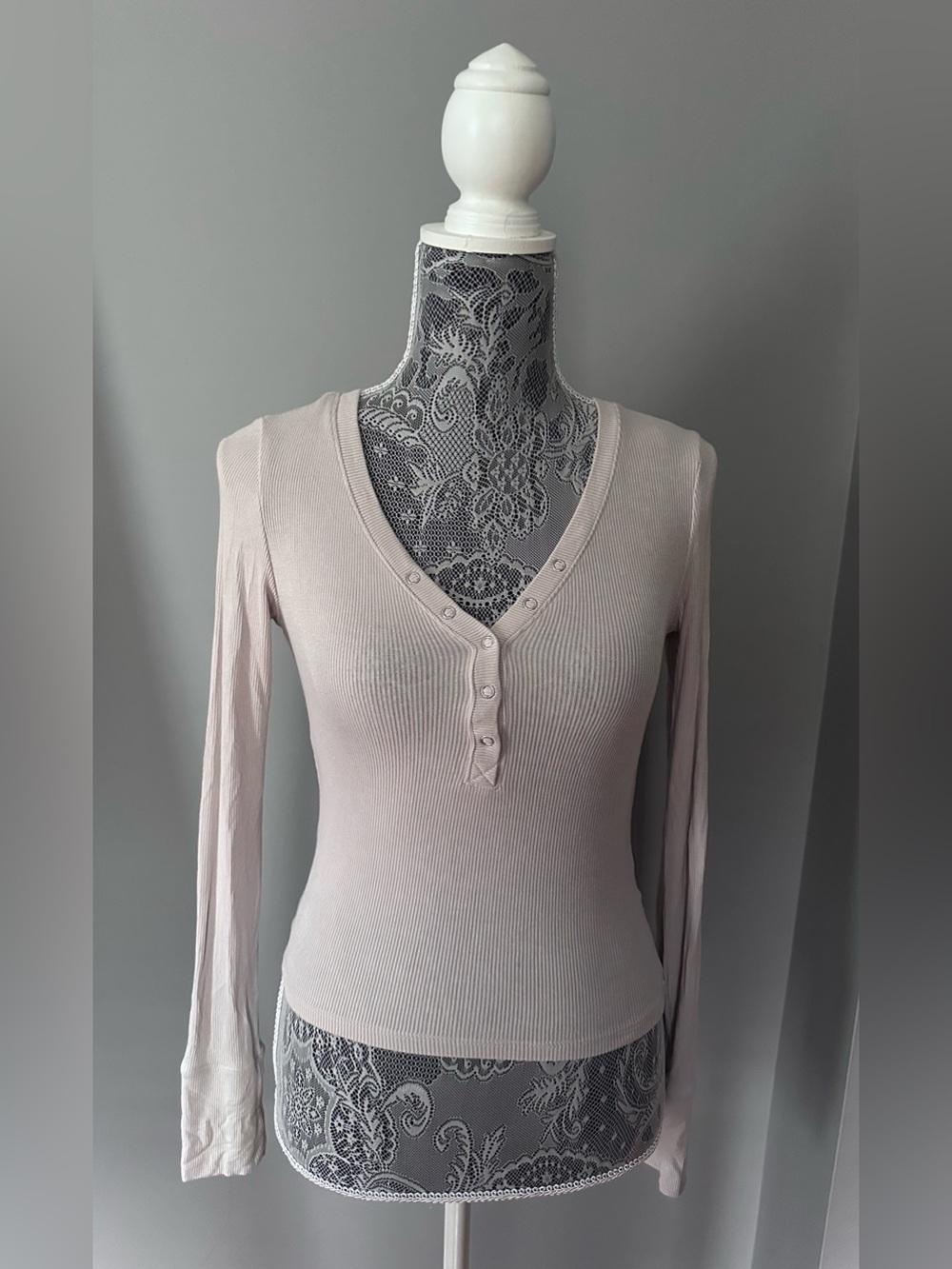 Garage Cream Long Sleeve Ribbed Henley top.